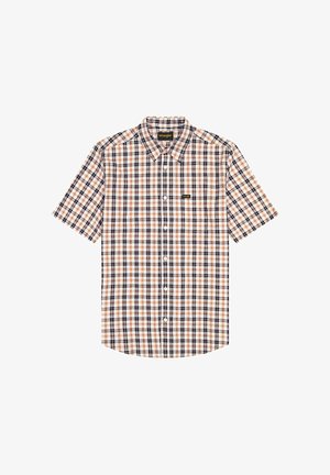 Kurzärmeliges Hemd mit durchgehender Knopfleiste, kariertem Muster in Beige, Weiß und Marineblau, mit Kragen und kleinem Wrangler-Logo auf der Brusttasche.