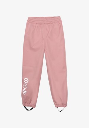 Pantalons légers roses avec une taille élastique, des jambes fuselées et des éléments en métal noir. Présente un imprimé logo blanc sur la jambe gauche.
