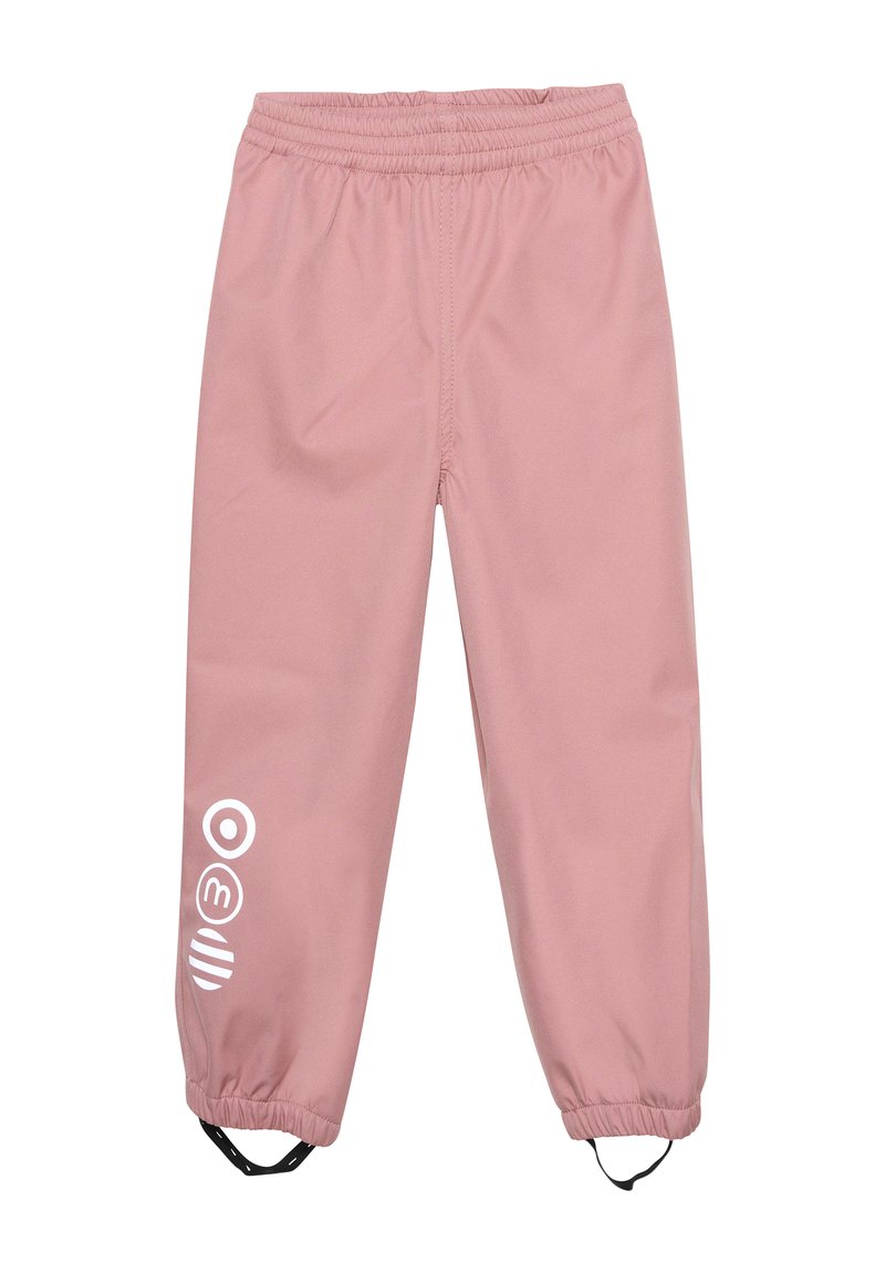 Roze, lichte broek met een elastische tailleband, taps toelopende benen en zwarte hardware. Bevat een witte logodruk op het linkerpijpen.