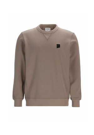 Ruskea sydänhuppari, jossa on pyöreä pääntie, ribaatut hihansuut ja helma. Sisältää pienen mustan logopatchin rintamuksessa, valmistettu sileästä kankaasta.