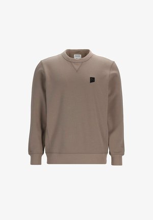 Bruine sweatshirt met ronde hals, ribgebreide manchetten en zoom. Voorzien van een klein zwart logopatch op de borst, gemaakt van een gladde stof.