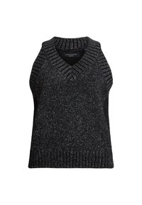 Svart ärmlös stickad topp med V-ringning, som har strukturerade ränder och ribbad nederkant. Materialet består av en blandning av mörka fibrer för glans.