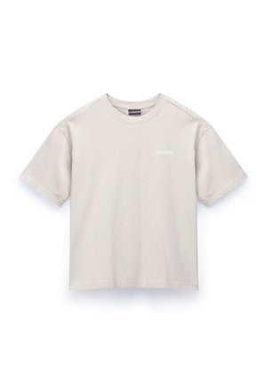 Lichtbeige T-shirt met korte mouwen, gemaakt van zacht katoen. Heeft een ronde hals en een subtiele logo-opdruk op de borst. Klassieke pasvorm, effen ontwerp.