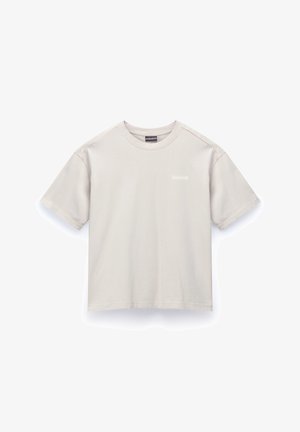 Camiseta de manga corta en un tono beige claro, hecha de algodón suave. Presenta un cuello redondo y un sutil estampado del logo en el pecho. Corte clásico, diseño sencillo.