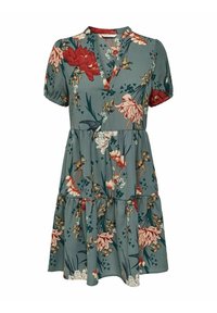 Kurzarmkleid in Teal mit floralem Muster, das rote und pinke Blumen zeigt. Gestuftes Design mit V-Ausschnitt, aus leichtem Stoff gefertigt.
