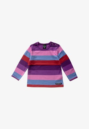 Long-sleeved, multicolored striped shirt featuring purple, pink, red, and blue hues. Soft material with snap buttons on the shoulder.