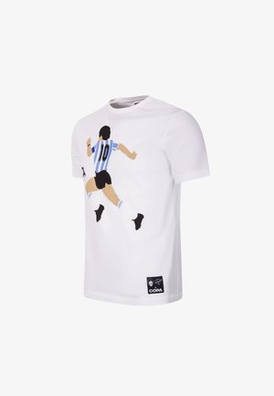 Witte katoenen T-shirt met een grafische afbeelding van een hardlopende speler in een blauw en zwart uniform met "10." Zwarte logo patch aan de onderkant links.