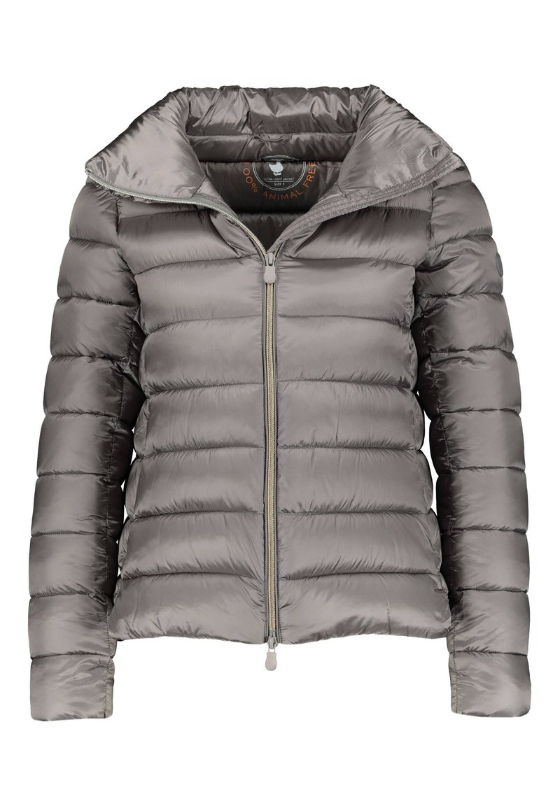 Giubbotto imbottito grigio chiaro con collo alto, chiusura con zip e design trapuntato. Presenta un tessuto morbido e lucido e maniche lunghe.
