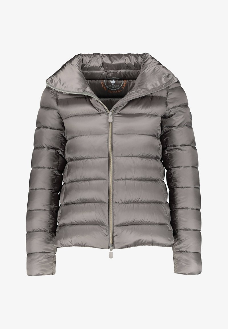 Giubbotto imbottito grigio chiaro con collo alto, chiusura con zip e design trapuntato. Presenta un tessuto morbido e lucido e maniche lunghe.