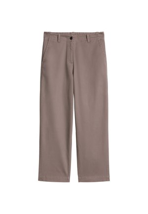 Lichtbruine, wijde broekspijpen gemaakt van zacht katoenen stof. Voorzien van riemlussen, knoopsluiting en twee steekzakken aan de voorkant. Heeft een gladde textuur.