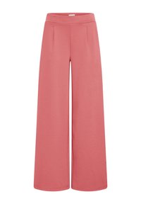 Pantaloni a gamba larga in un morbido tessuto rosa, con una cintura alta e due pieghe frontali. Tessuto liscio, senza decorazioni visibili.