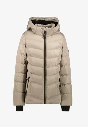 Beige gepolsterte Jacke mit Kapuze, featuring einen schwarzen Reißverschluss vorne und Seitentaschen. Das Design umfasst horizontale Steppmuster und schwarze Bündchen.