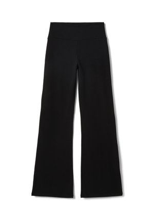 Pantalones anchos negros de tela suave, con cintura elástica lisa y diseño a piso con un acabado sencillo y sin adornos.