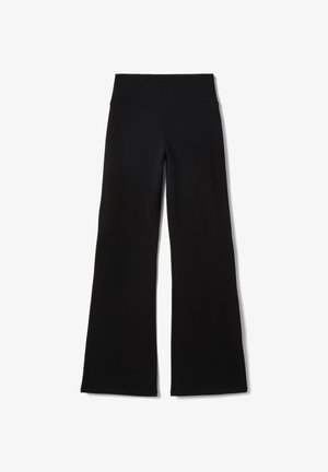 Schwarze weit geschnittene Hosen aus weichem Stoff, mit einem glatten elastischen Bund und einer bodenlangen Länge, einfach und schmucklos verarbeitet.