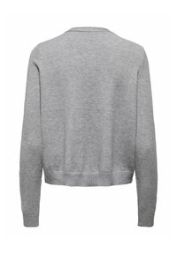 Pull en maille gris clair à manches longues avec poignets et ourlet côtelés, vu de dos sur fond blanc.