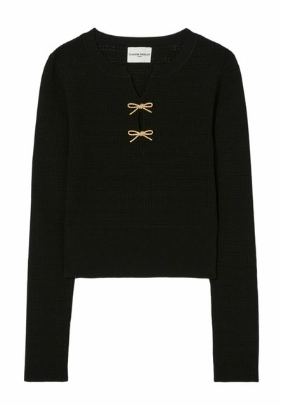 Suéter negro de punto con cuello redondo, mangas largas y dos adornos en forma de lazo en tono dorado en el centro. Tejido texturizado con un diseño corto.