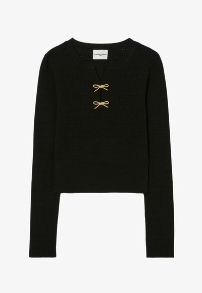 Maglione nero a maglia con scollatura rotonda, maniche lunghe e due dettagli a fiocco oro al centro. Tessuto testurizzato con design corto.