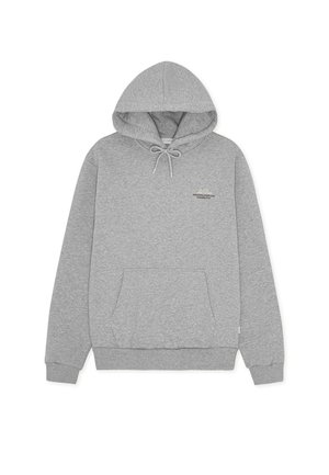 Szürke pulóver puha anyagból, állítható kapucnival, elöl kenguruzsebbel és visszafogott márkajelzéssel a mellkason.