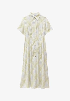 Robe blanche à manches courtes boutonnée avec un motif à carreaux jaune-vert et un col pointu.