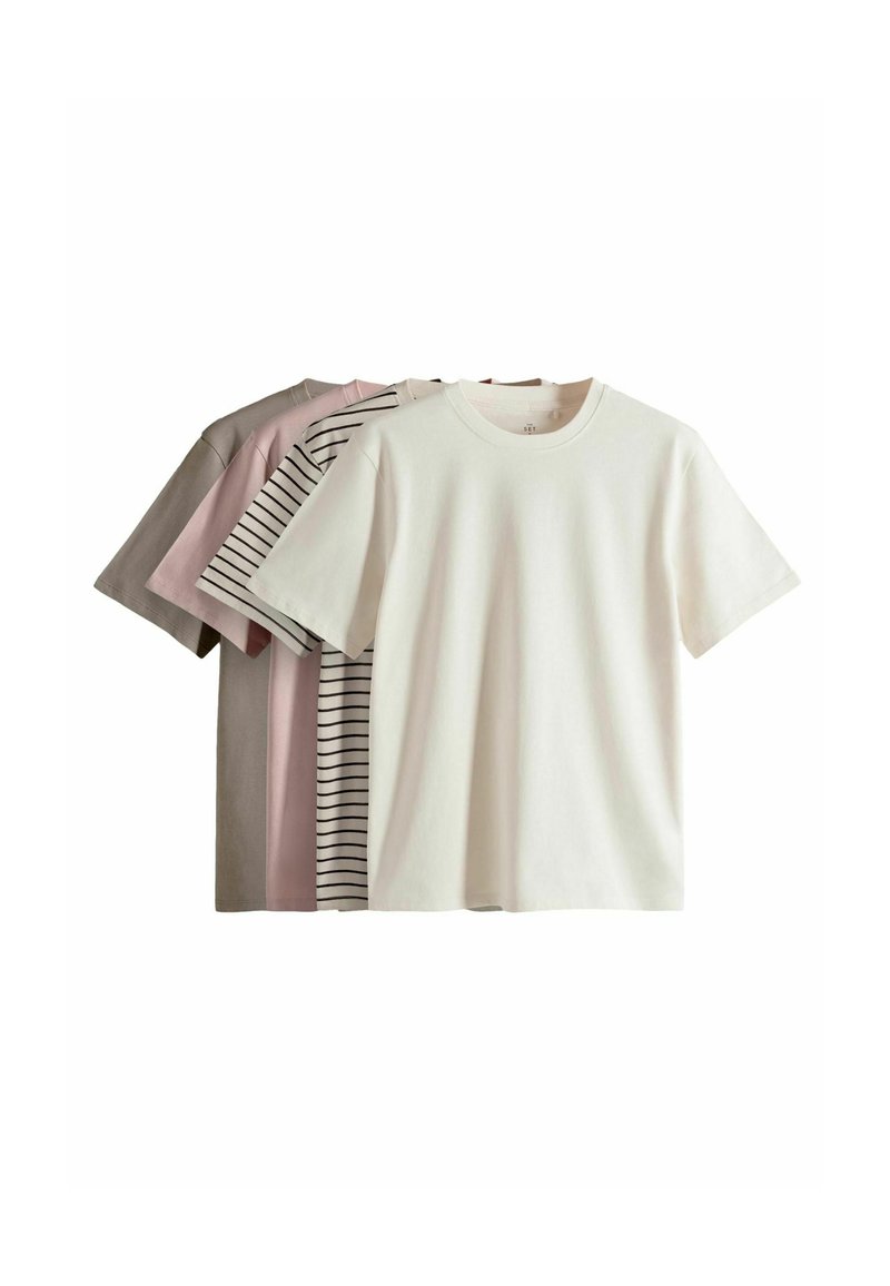 Drei T-Shirts horizontal angeordnet: eines in einfarbig Creme, eines in hellrosa und eines gestreift in Creme mit dunklen Streifen. Kurze Ärmel und runder Hals.