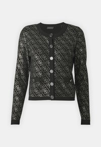 Black cardigan with a diamond pattern, featuring decorative buttons and two front pockets. Made from a textured knit material.