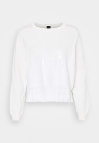 White long-sleeve knit sweater with round neck and horizontal sequin fringe detail along the bottom front.