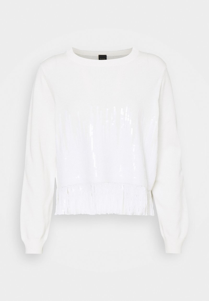 Pull en tricot à manches longues blanc avec un col rond et un détail de franges à sequins horizontaux le long du bas à l'avant.