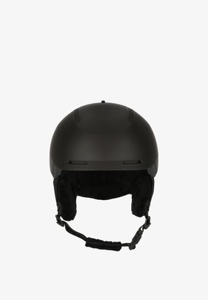 Sort skihjelm med en glat mat finish, ventileret top, blødt indvendigt for, justerbar hagerem og en tæt, rund form.