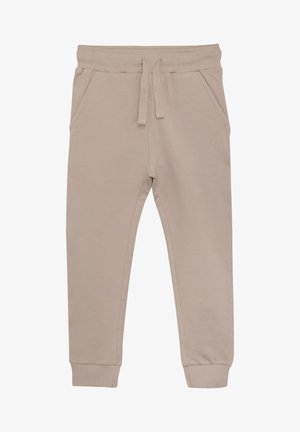 Beige joggingbukser lavet af blødt bomuld, med elastisk talje og snøre, sidelommer og ribbede ankler.