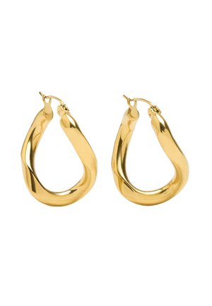 Kolczyki w kształcie złotych kół z gładkim, zakrzywionym wzorem. Charakteryzują się polerowanym wykończeniem i bezpiecznym zapięciem dla łatwego noszenia. Lekka i płynna forma.