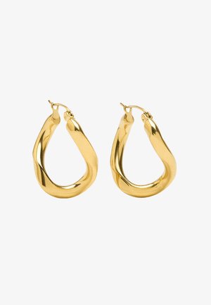 Kolczyki w kształcie złotych kół z gładkim, zakrzywionym wzorem. Charakteryzują się polerowanym wykończeniem i bezpiecznym zapięciem dla łatwego noszenia. Lekka i płynna forma.