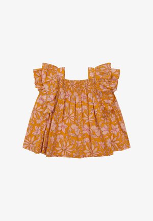 Korte mouwen, off-shoulder top in oranje stof met een bloemenpatroon in het roze. Heeft gerimpelde details en een gesmokte taille.