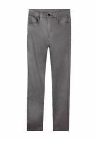 Jean en denim gris à coupe slim, avec poches avant et fermeture éclair. Le matériau a un léger éclat et une texture lisse.