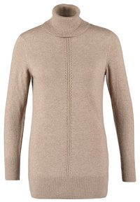 Pull à col roulé en tricot beige à manches longues, avec col, poignets et ourlet côtelés, et un détail subtil de couture verticale au centre avant.