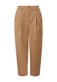 Pantaloni beige a vita alta con pieghe davanti, chiusura con un bottone e tasche laterali. Realizzati in un tessuto leggero, dalla texture morbida.