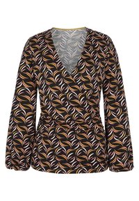 Svart svep-topp med ett färgglatt lövmönster i rosa, vitt och gulla toner; långa ärmar och en v-ringning.