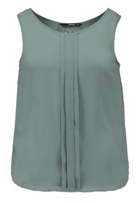 Top senza maniche in tessuto verde tenue, con scollatura rotonda e dettaglio di plissettatura frontale, dalla texture liscia e orlo arrotondato.