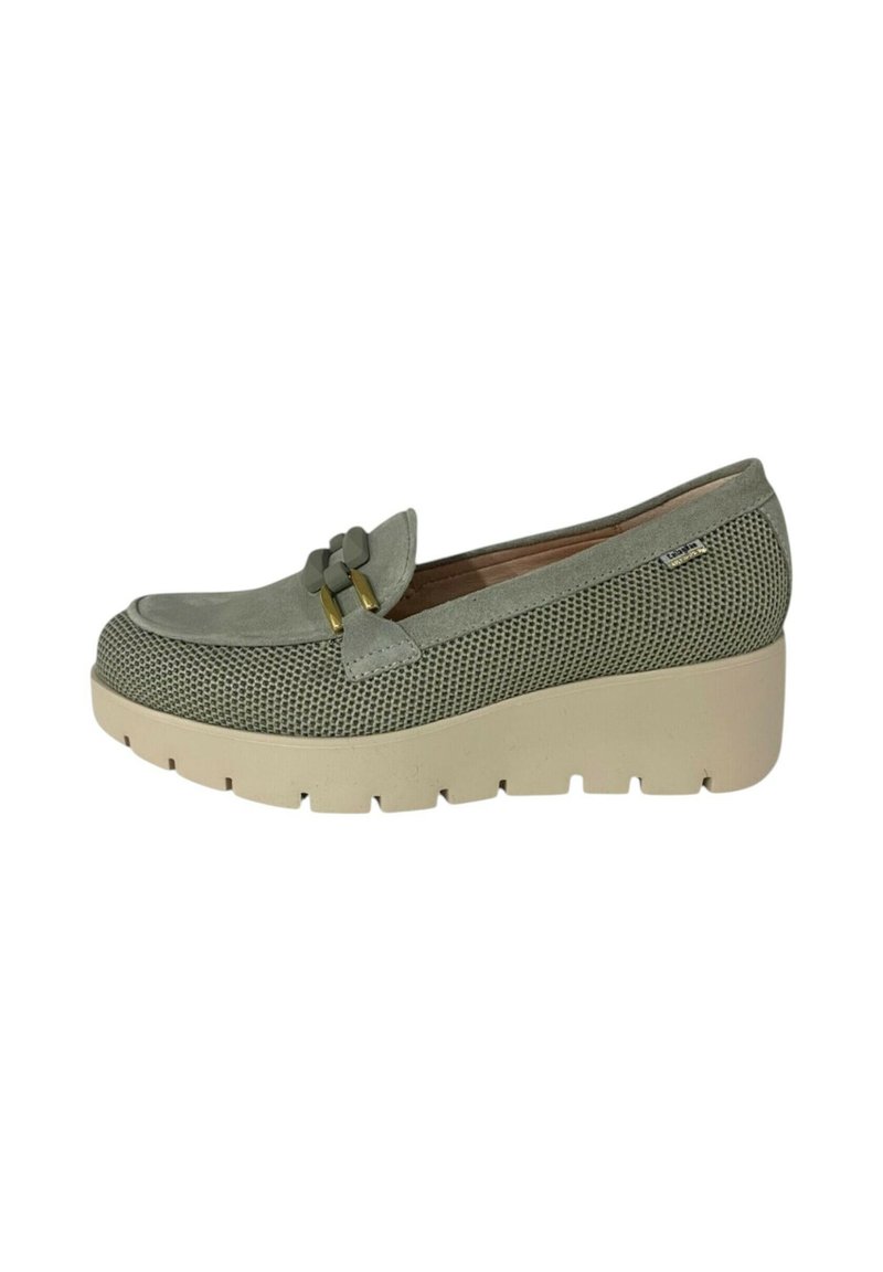 Scarpa slip-on grigia in mesh con punta rotonda, fiocco decorativo e suola platform beige con texture rigata.