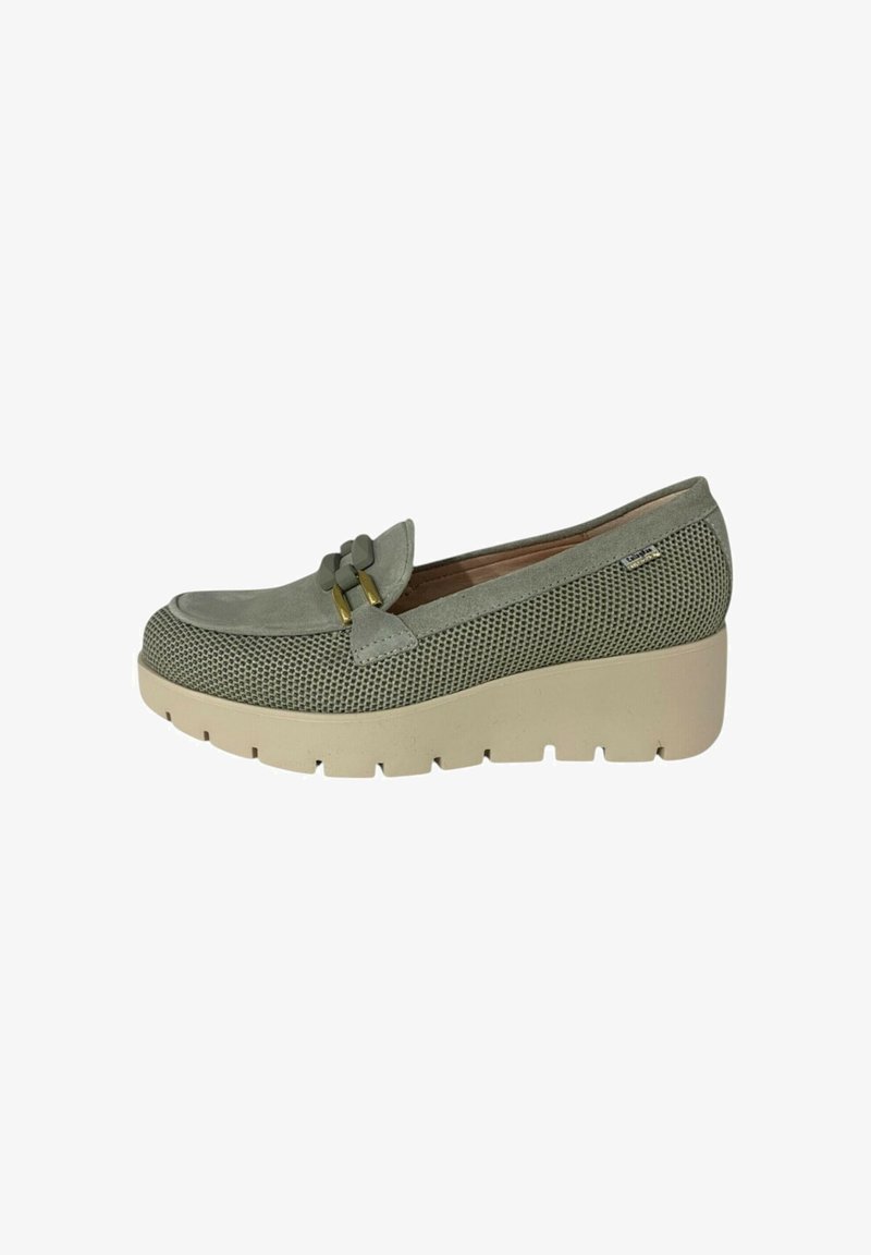 Scarpa slip-on grigia in mesh con punta rotonda, fiocco decorativo e suola platform beige con texture rigata.