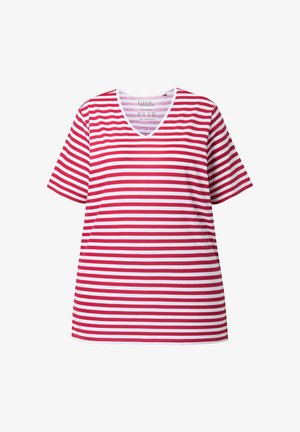 Rot-weiß gestreiftes T-Shirt mit kurzen Ärmeln und V-Ausschnitt. Hergestellt aus einem weichen Stoff, mit horizontalen Streifen gleicher Breite über das gesamte Shirt.