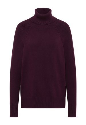 Jersey de cuello alto morado oscuro con textura acanalada, mangas raglán y dobladillo recto. Fabricado con material suave y elástico para mayor confort.