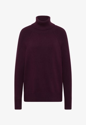 Jersey de cuello alto morado oscuro con textura acanalada, mangas raglán y dobladillo recto. Fabricado con material suave y elástico para mayor confort.