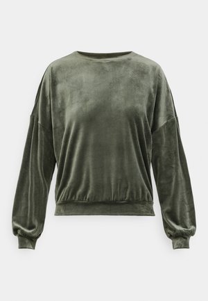 Olivgrön, sammetslen sweatshirt med rund halsringning, design med sänkt axel och elastisk fåll. Har lång, luftig ärmar.