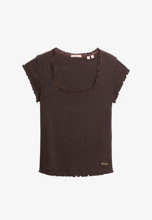 Brown ribbed t-shirt with short sleeves, square neckline, lace trim around the neck and sleeves, and a frayed bottom hem. Gold logo detail.