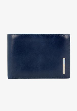 Navy leather wallet with a smooth texture, rectangular shape, and stitched edges. Features a silver logo plate with a blue accent.