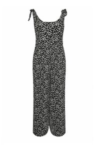 Svart byxdress med djup u-ringning, justerbara knytband och blommönster i vitt. Tillverkad av lätt tyg med vid ben-design.