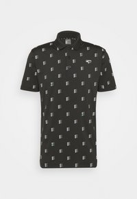 Black polo shirt featuring a pattern of white and green abstract lines. Classic collar, two-button placket, short sleeves, and soft fabric.