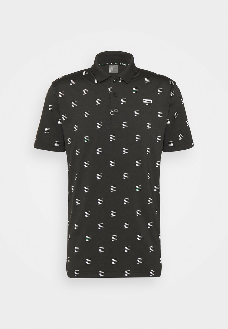 Black polo shirt featuring a pattern of white and green abstract lines. Classic collar, two-button placket, short sleeves, and soft fabric.