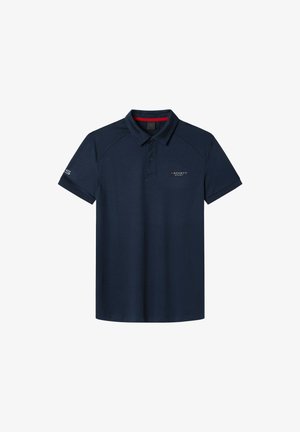 Navyblaues Poloshirt aus weichem Stoff, mit klassischem Kragen, kurzen Ärmeln und Logodetails auf der Brust und dem Ärmel.