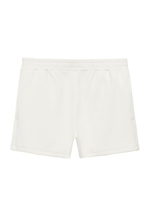 Fehér elasztikus derékpántos rövidnadrág oldalsó zsebekkel, sima anyagból, fehér háttér előtt bemutatva.